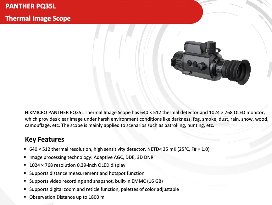 HIKMICRO PANTHER LRF PH35L Scope THERMAL Telemetro 16G 3.1/24.8x 1024×768 Oled Lens 35mm (A)